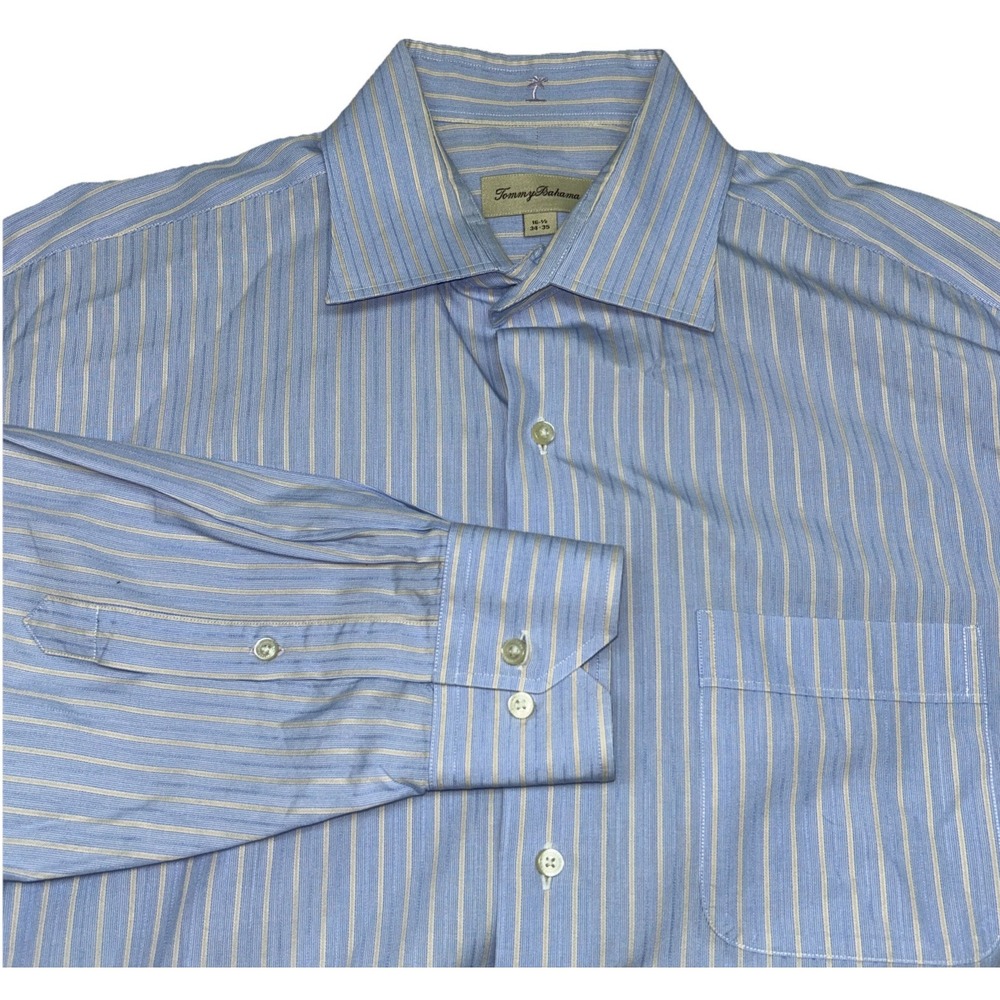 Tommy Bahama Mens Dress Button Up‎ Shirt Sz 16.5 34-35 Blue/Creamy White Striped